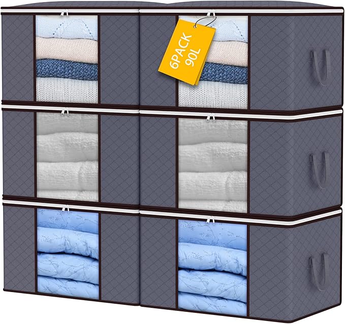6 large 90L foldable storage bags for clothes and bedding.