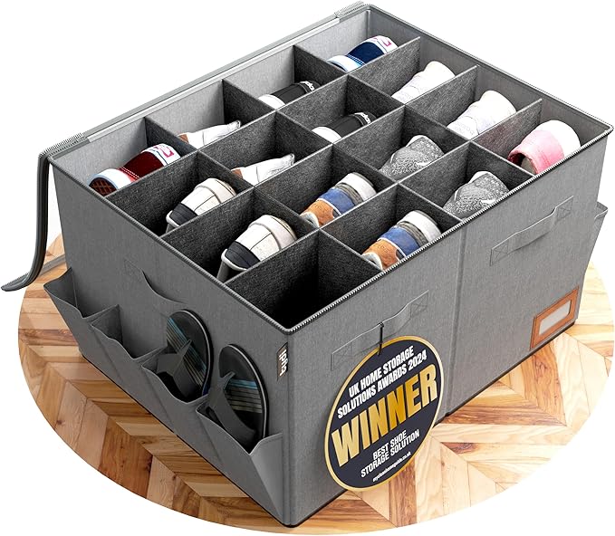 Stackable 16-compartment grey shoe organizer with clear cover.