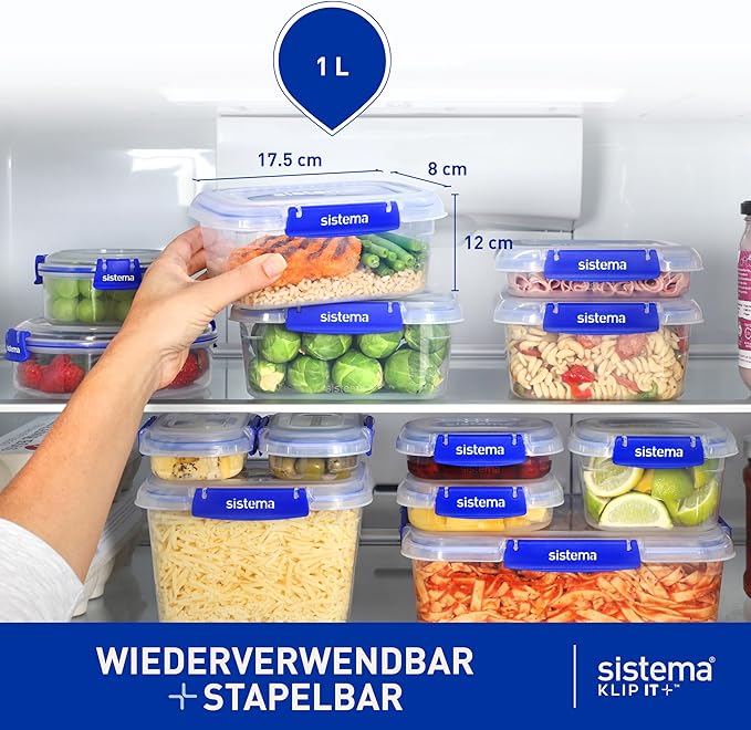 Leakproof, airtight 1 L containers for meal prep and lunches.