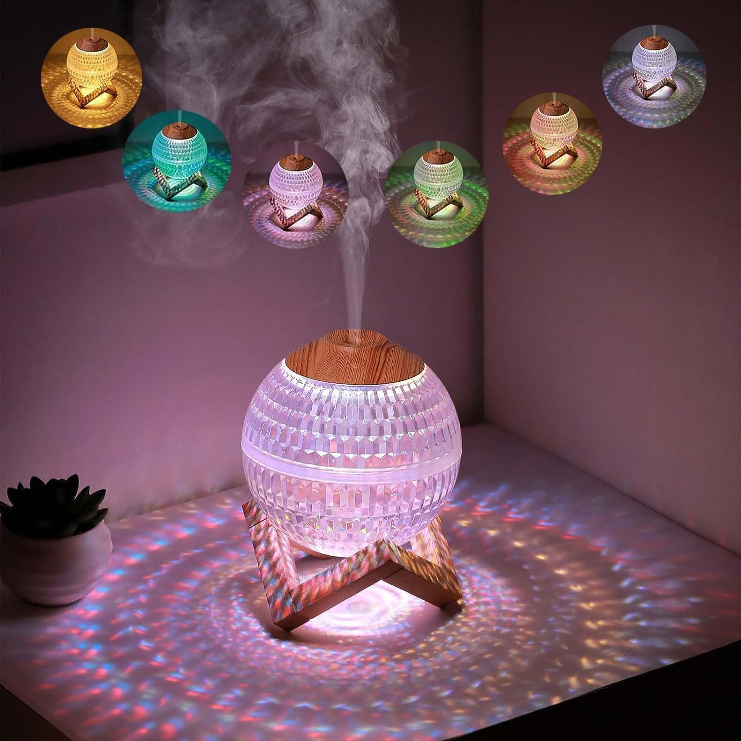 Colorful LED moon humidifier with USB power.
