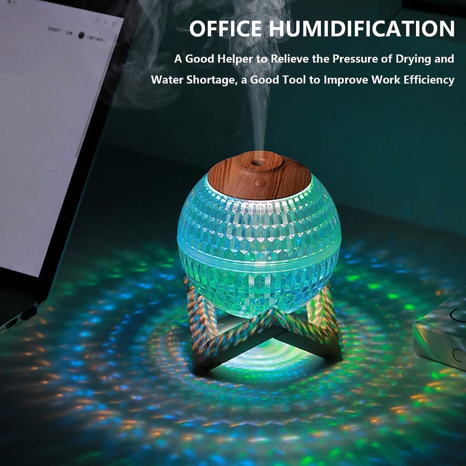 Colorful LED moon humidifier with USB power.