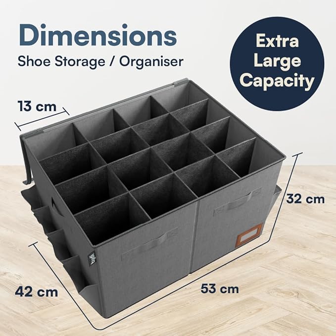 Stackable 16-compartment grey shoe organizer with clear cover.