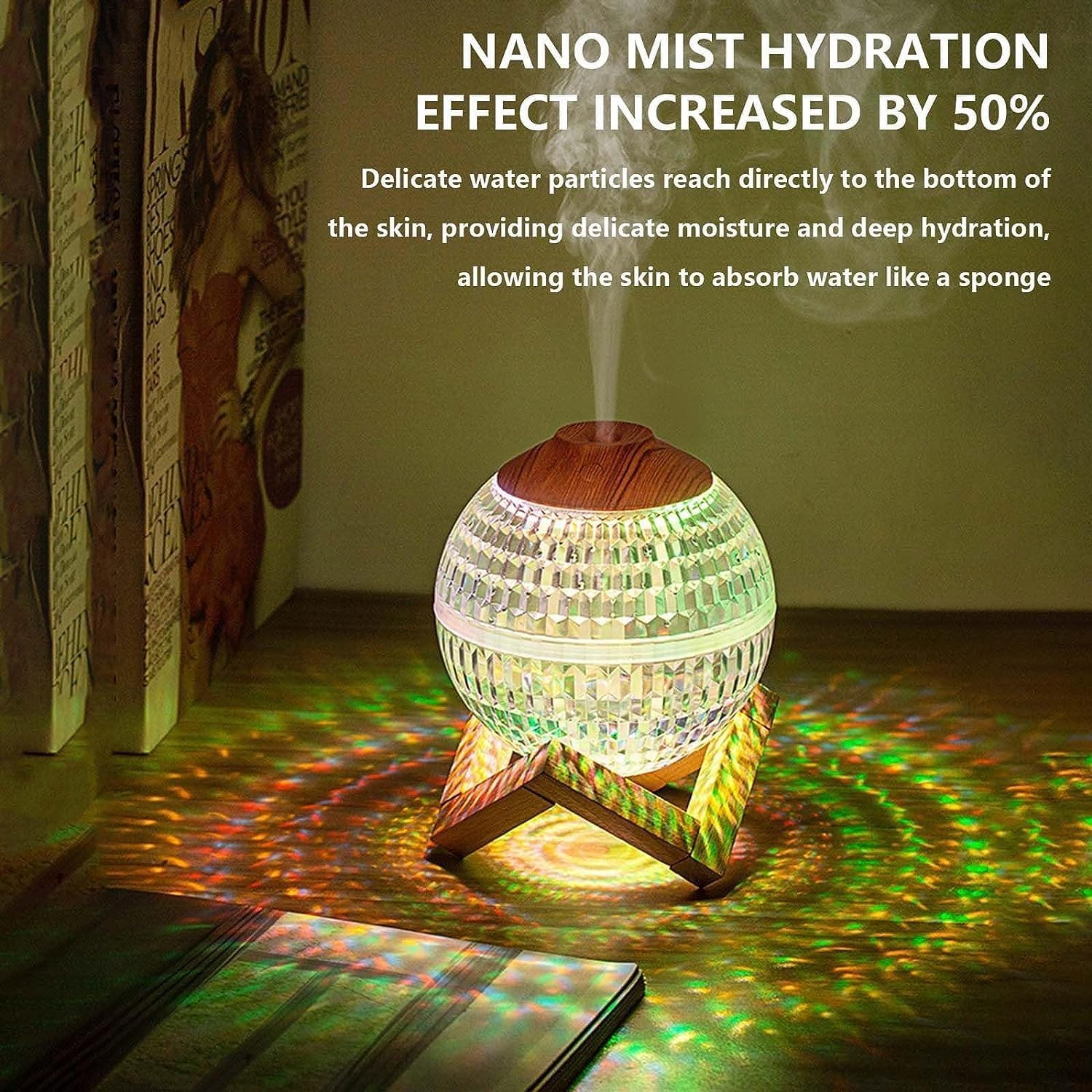 Colorful LED moon humidifier with USB power.