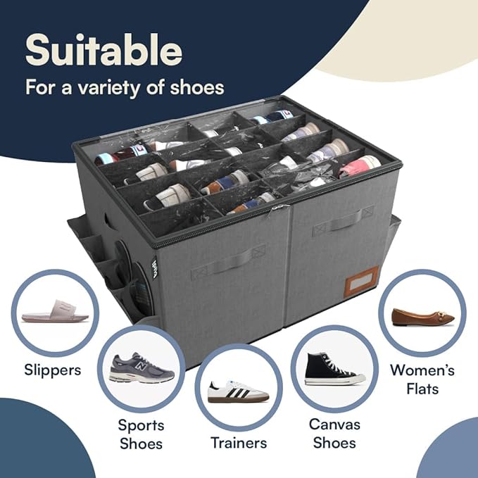 Stackable 16-compartment grey shoe organizer with clear cover.